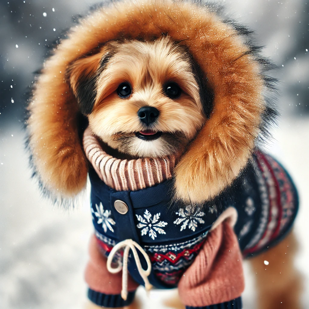 Hier steht ein kleinebraunweis hund im schnee trägt hundebekleidung: ein blau hand gemachte Felljacke.
