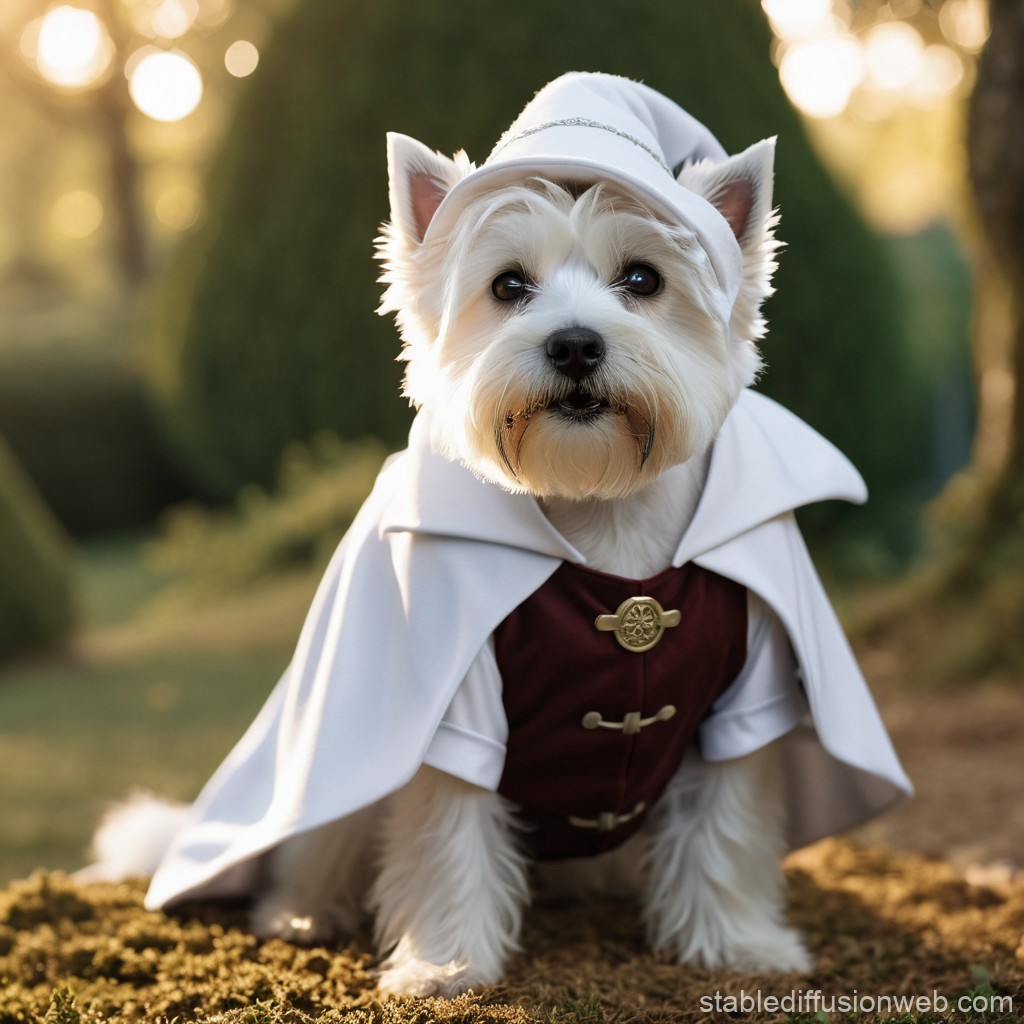 Ein West Highland White Terrier trägt ein Hunde Kostüm im Stil des Elben Legolas.