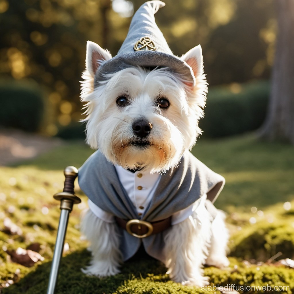 Ein West Highland White Terrier trägt ein Hunde Kostüm im Stil von Gandalf.