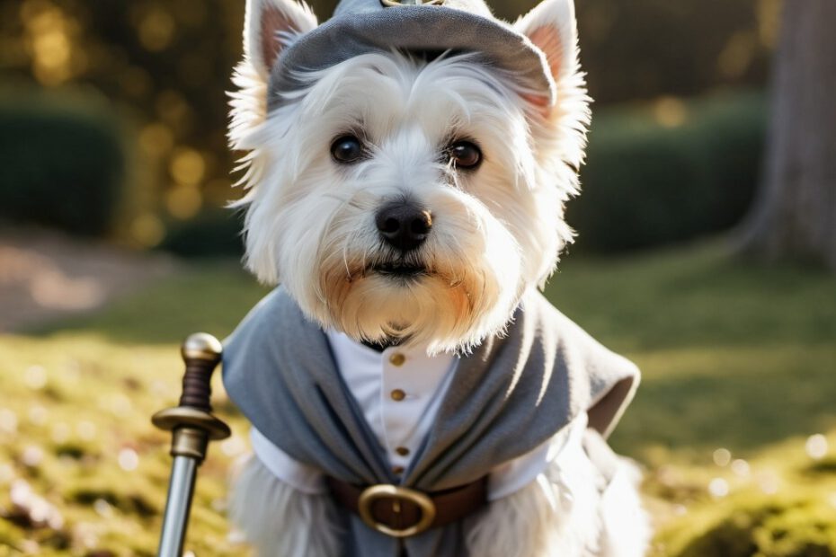 Zu sehen ist ein weißer Hund, der ein Gandalf-Kostüm trägt.