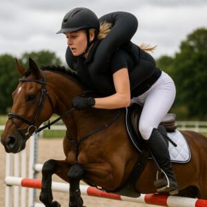 Reiterin mit Reitweste Airbagweste auf Pferd Springreiten springt über Hindernis