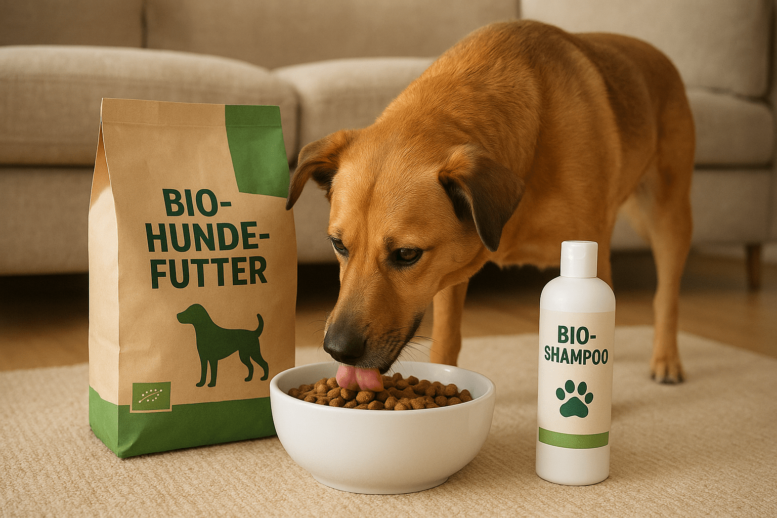 Der Hund frisst Bio-Futter. Bio-Produkt.