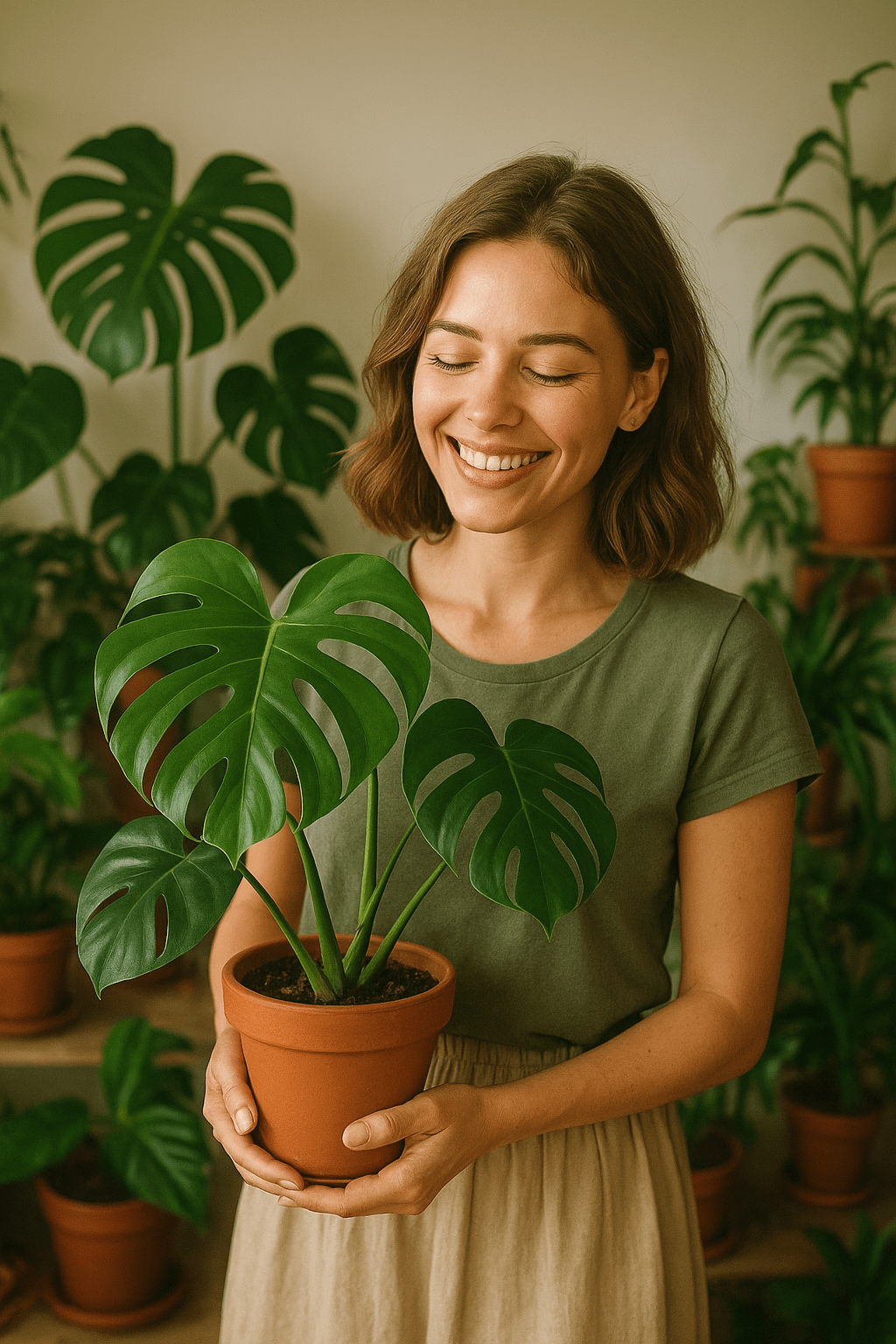 Glüchliche Frau steht mit Monsterapfanze in der Wildleaf Boutique