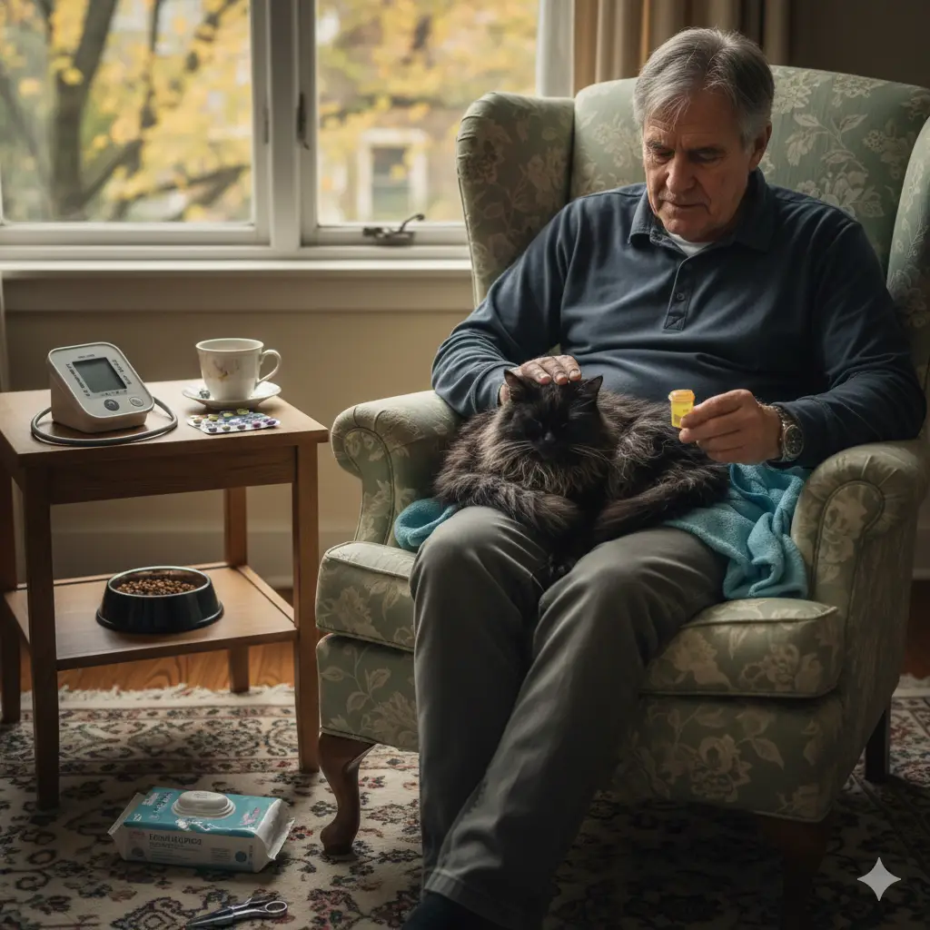 senioren pflegt seine katze zuhause