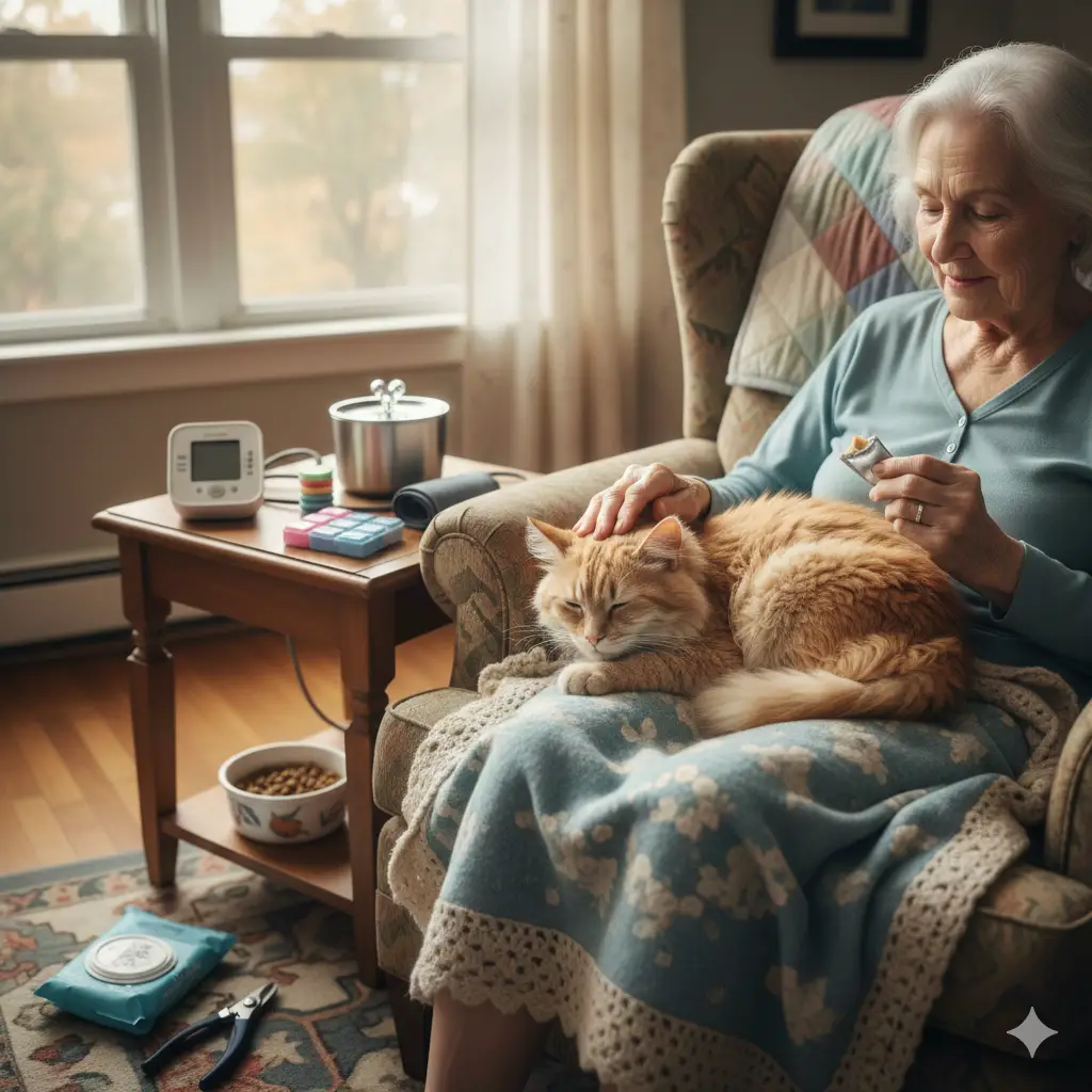senioren pflegt seine katze in wohnung