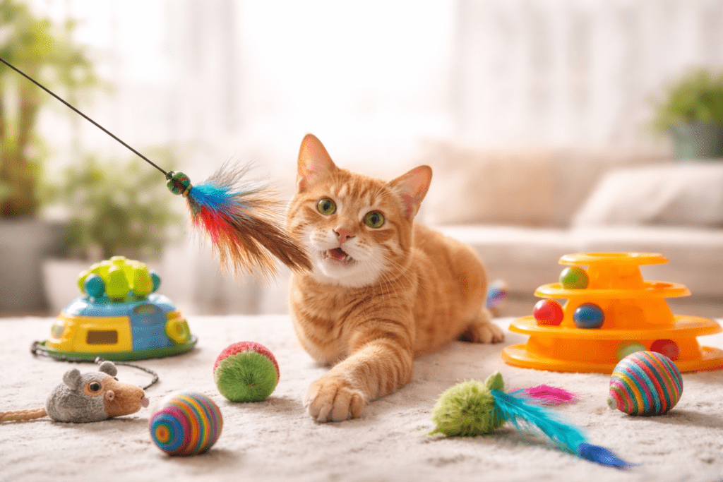 Verspielte Katze mit Federstabspielzeug orange Katze spielt mit Katzenspielzeug