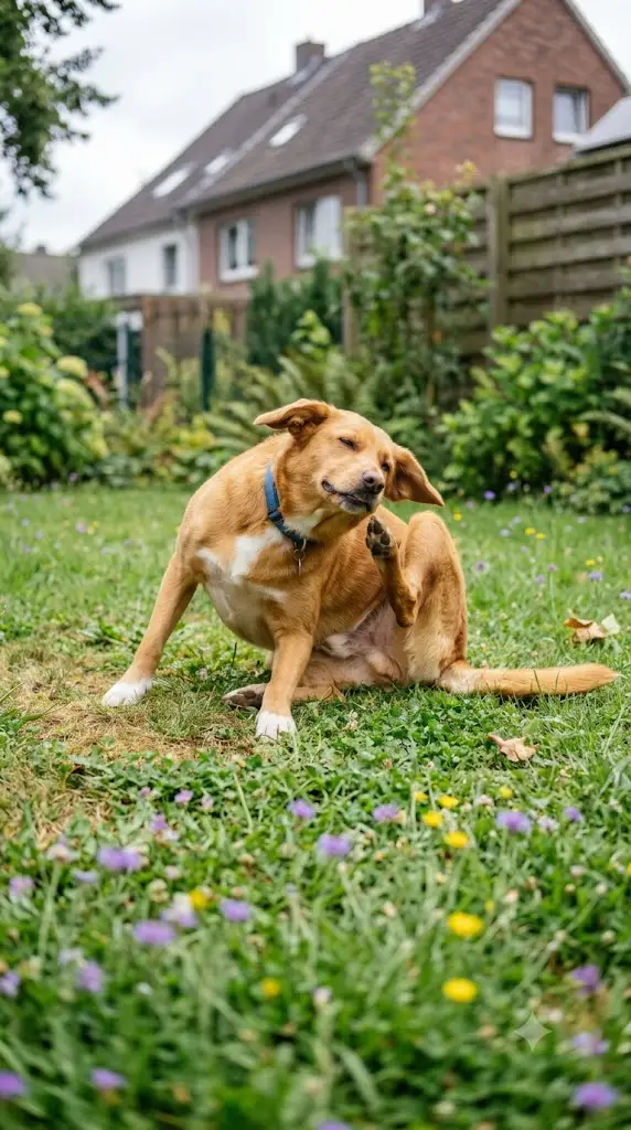 dog scratching in a back yard